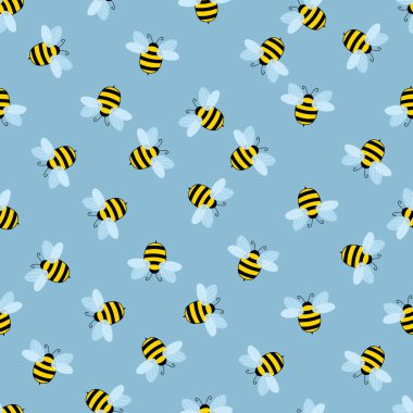 Renkli arka planda arılar olan kusursuz bir desen. Küçük eşekarısı. Vektör çizimi. Sevimli çizgi film karakteri. Davetiye, kart, tekstil, kumaş için şablon tasarımı. Doodle tarzı