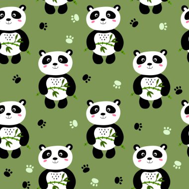 Renkli arka planda şirin panda bebeği olan kusursuz bir desen. Komik Asya hayvanları. Kart, çocuklar için kartpostallar. Kumaş, tekstil, duvar kağıdı, poster, hediye paketi için düz vektör çizimi
