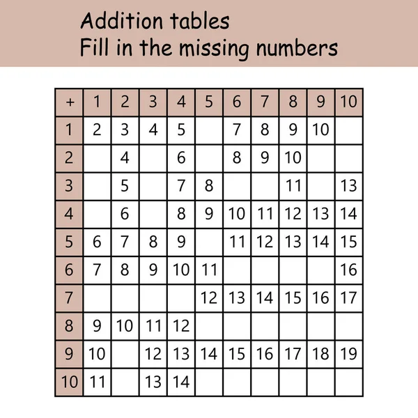 Tablas de adición. Rellena los números que faltan. Juego de lógica. Cartel para la educación de los niños. Cartel infantil de matemáticas. Ilustración de vector escolar con cubos de colores sobre fondo claro — Archivo Imágenes Vectoriales