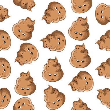 Seamless pattern with kawaii poop on white background. Cartoon poo, feces icons. Shit patterns, evil turd. Vector illustration for invitation, poster, card, fabric, textile. Doodle style