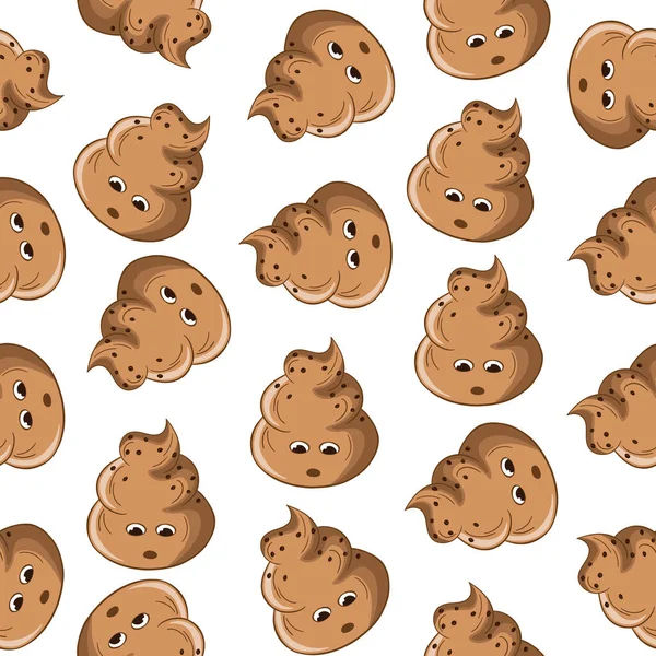 Seamless pattern with kawaii poop on white background. Cartoon poo, feces icons. Shit patterns, evil turd. Vector illustration for invitation, poster, card, fabric, textile. Doodle style — Vector de stock