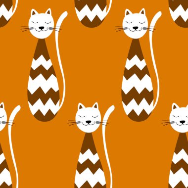 Siluet sevimli kediyle vektör düz çizim. Renkli arka planda, İskandinav tarzında kusursuz bir model. Kart, poster, kumaş, tekstil tasarımı