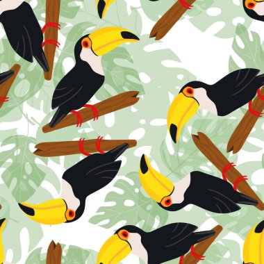 Kusursuz desenli, dalında çizgi film karakteri olan bir tukan kuşu. Duvar kağıdı, kumaş ve tekstil için vektör çizimi. Yaz egzotik baskısı. Çiçekli canavar yapraklı tropik bir tukan.