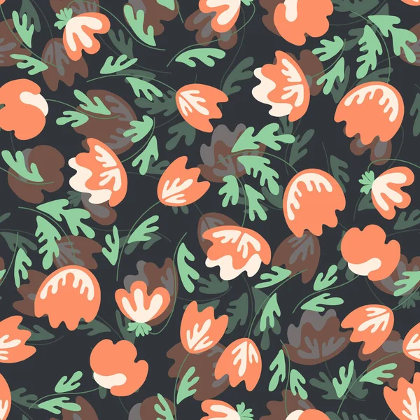 Nahtloses Blumenmuster, das auf traditionellen Ornamenten der Volkskunst beruht. Moderne Blumen auf farbigem Hintergrund. Skandinavischer Stil. Schweden nordisch. Vektorillustration. Einfaches minimalistisches Muster — Stockvektor