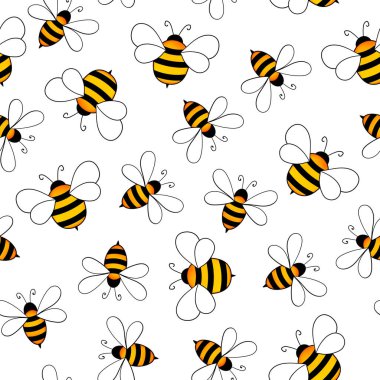 Beyaz arka planda arılar olan kusursuz bir desen. Küçük eşekarısı. Vektör çizimi. Sevimli çizgi film karakteri. Davetiye, kart, tekstil, kumaş için şablon tasarımı. Doodle tarzı