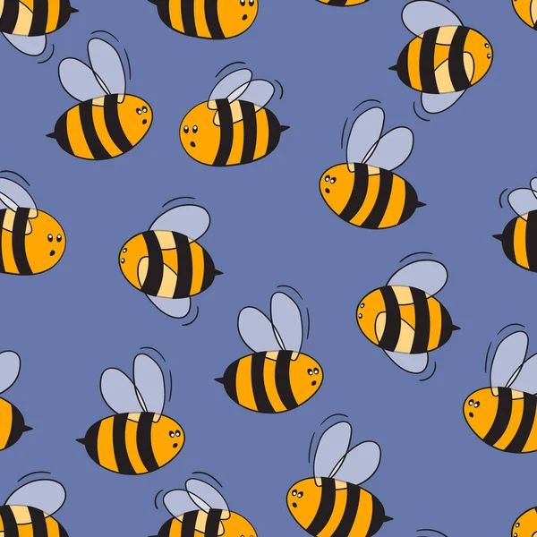 Modèle sans couture avec des abeilles sur fond de couleur. Petite guêpe. Illustration vectorielle. Adorable personnage de dessin animé. Modèle de conception pour invitation, cartes, textile, tissu. Style caniche — Image vectorielle