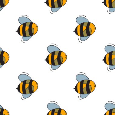 Beyaz arka planda arılar olan kusursuz bir desen. Küçük eşekarısı. Vektör çizimi. Sevimli çizgi film karakteri. Davetiye, kart, tekstil, kumaş için şablon tasarımı. Doodle tarzı