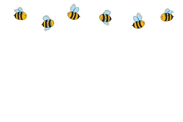 Cartoon süße Biene Maskottchen. Fröhliche Biene mit einem leeren Tisch. Kleine Wespe. Vektorcharakter. Insektensymbol. Gestaltung von Urlaubsvorlagen für Einladungen, Karten, Tapeten, Schulen, Kindergärten. Kopierraum — Stockvektor