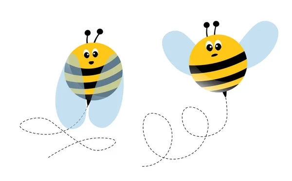 Set of cartoon bee mascot. A small bees flying on a dotted route. Wasp collection. Vector characters. Incest icon. Template design for invitation, cards. Doodle style — Stock Vector