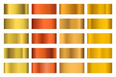 Parlak altın hologramı olan metalik gradyan koleksiyonu. Sanal folyo dokusu, bronz ve altın oyması. Çerçeve, kurdele, sınır, diğer tasarım için vektör ayarlandı.
