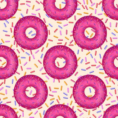 Renkli kremalı çörekler ve renkli arka planda çok renkli toz. 3D gerçekçi gıdalar, kusursuz kalıplar. Poster, kart, kumaş ve tekstil için modern tasarım. Gerçekçi vektör illüstrasyonu