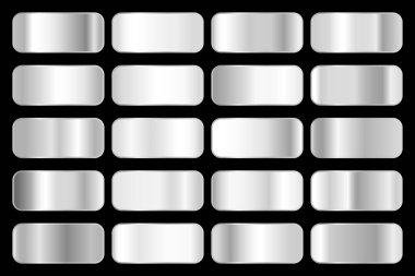 Parlak gümüş hologramı olan metalik gradyan koleksiyonu. Holografik folyo dokusu, krom metal oyması. Çerçeve, kurdele, sınır, kapak, pankart ve diğer tasarım için vektör ayarlandı