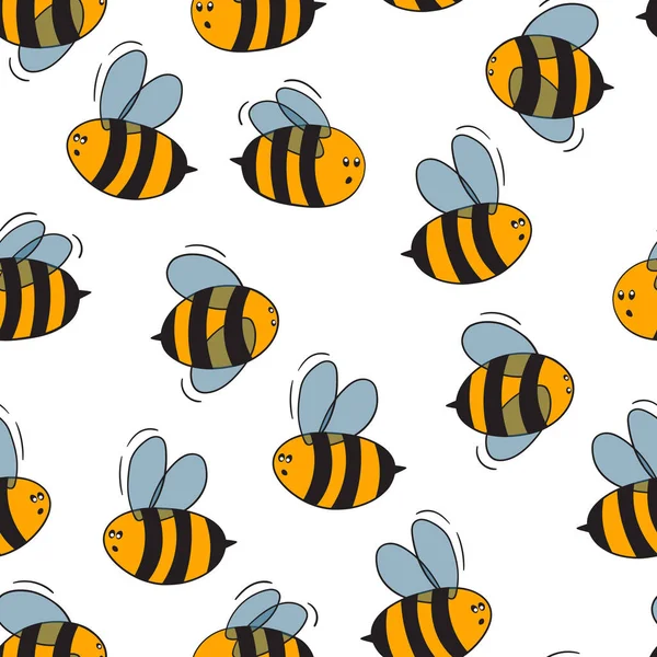 Bezproblémový vzor s včelami na bílém pozadí. Malá vosa. Vektorová ilustrace. Rozkošná kreslená postava. Vzor šablony pro pozvání, karty, textil, tkaniny. Styl Doodle — Stockový vektor