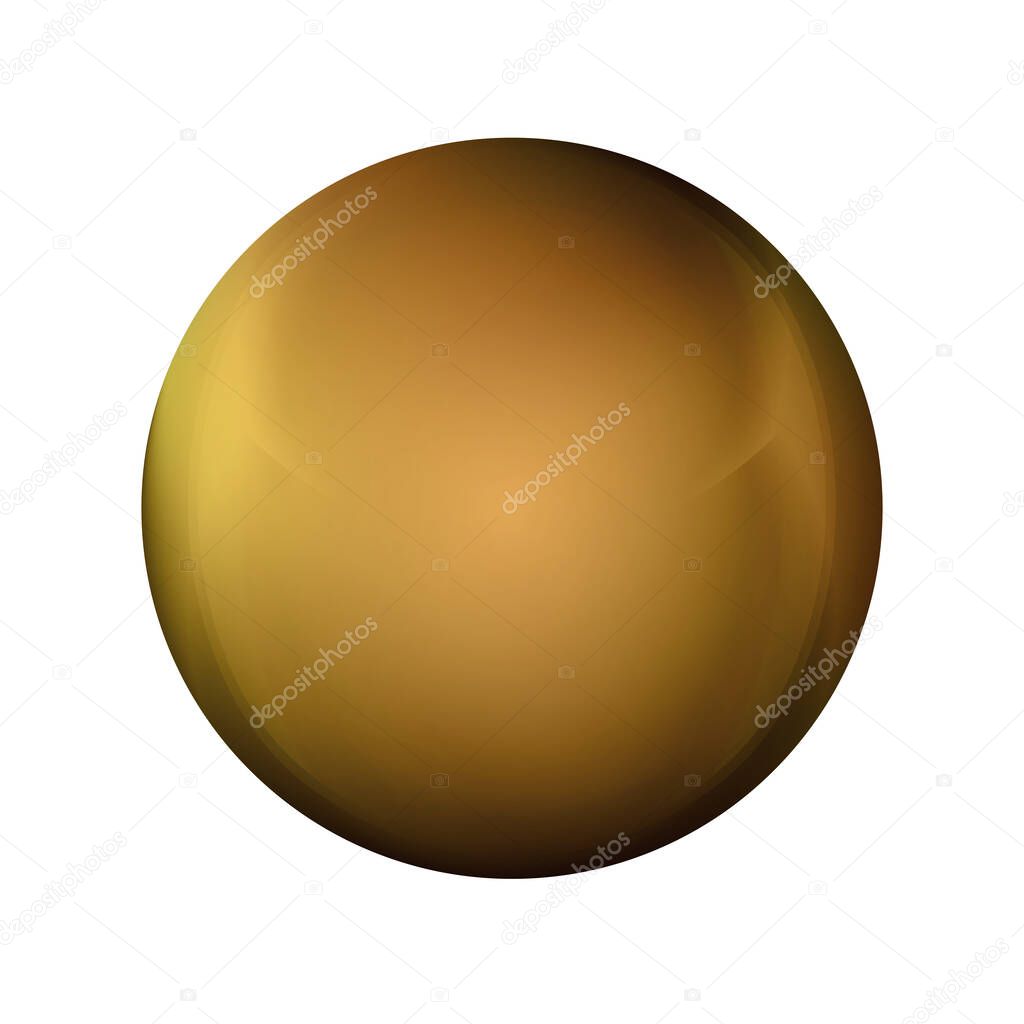 Glass golden ball or precious pearl. Glossy realistic ball, 3D abstract vector illustration highlighted on a white background. Big metal bubble with shadow