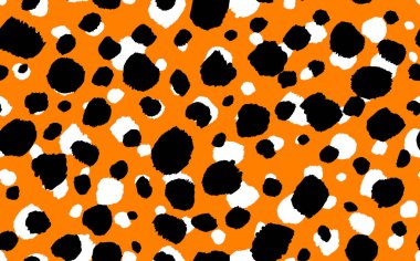 Soyut modern leopar pürüzsüz desen. Hayvanlar modaya uygun arka plan. Baskı, kart, kartpostal, kumaş ve tekstil için turuncu ve siyah dekoratif vektör çizimi. Modern stilize cilt süsü
