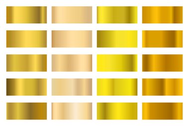Parlak altın hologramı olan metalik gradyan koleksiyonu. Sanal folyo dokusu, bronz ve altın oyması. Çerçeve, kurdele, sınır, diğer tasarım için vektör ayarlandı.