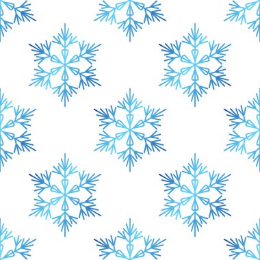 Beyaz arka planda rengarenk kar taneleri olan kusursuz kış deseni. Kumaş, tekstil duvar kağıtları, posterler, hediye ambalaj kağıtları için vektör çizimi. Noel vektör illüstrasyonu