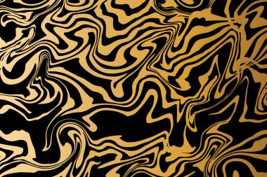 Akışkan sanat. Modern sanat eserleri altın ve siyah arka plan. Akrilik boya karışımı. Soyut sıvı mermer boya dokusu, altın eğimli dalgalar. Pankart, el ilanı, kart, kapak, davet için vektör tasarımı