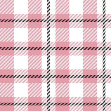 Pembe ve beyaz İskoçya tekstil deseni. Kumaş dokusu tartan ekoseli. Kumaş, kart ve kumaş için soyut geometrik arkaplan. Monokrom tekrarlayan tasarım. Modern kare süs