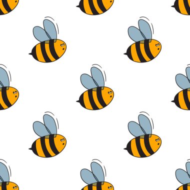 Beyaz arka planda arılar olan kusursuz bir desen. Küçük eşekarısı. Vektör çizimi. Sevimli çizgi film karakteri. Davetiye, kart, tekstil, kumaş için şablon tasarımı. Doodle tarzı