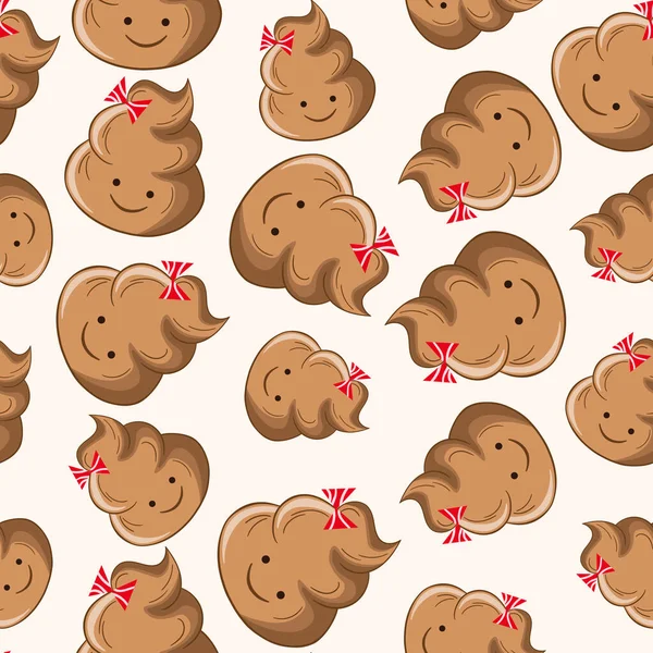 Seamless pattern with kawaii poop on white background. Cartoon poo, feces icons. Shit patterns, evil turd. Vector illustration for invitation, poster, card, fabric, textile. Doodle style — Stock Vector