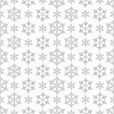 Beyaz zemin üzerinde gri kar taneleri olan kışın pürüzsüz deseni. Kumaş, tekstil duvar kağıtları, posterler, hediye ambalaj kağıtları için vektör çizimi. Noel vektör illüstrasyonu. Yağan kar