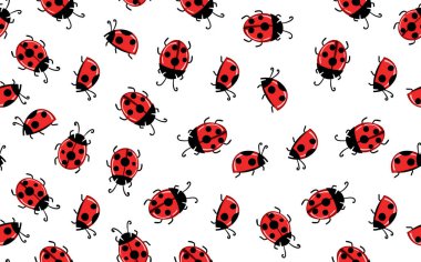 Beyaz arka planda renkli uğur böceği desenli modaya uygun hayvani desenler. Bebek için kadın çantaları olan şirin bir tatil illüstrasyonu. Davetiye, poster, kart, kumaş, tekstil için tasarım