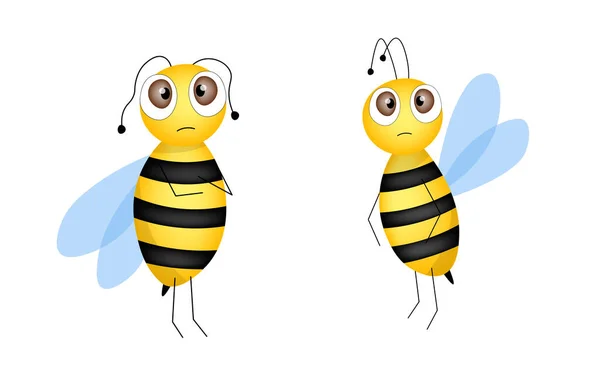 Een set bijenmascotte. Een kleine bij die vliegt. Wespenverzameling. Vectorkarakters. Incest icoon. Sjabloon ontwerp voor uitnodiging, kaarten. Doodle stijl — Stockvector