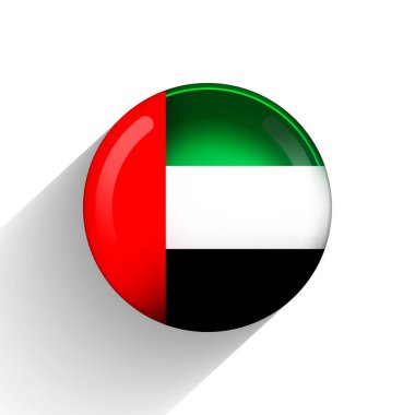 Birleşik Arap Emirlikleri bayrağı taşıyan cam ışıklı top. Yuvarlak küre, şablon simgesi. Arap ulusal sembolü. Parlak gerçekçi top, beyaz arkaplanda üç boyutlu soyut vektör çizimi. Büyük kabarcık