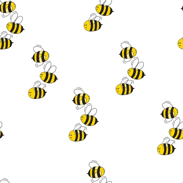 白色背景蜜蜂的无缝图案。小黄蜂。矢量图解。可敬的卡通人物请帖、卡片、纺织品、面料模板设计.涂鸦风格 — 图库矢量图片