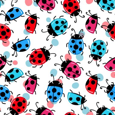 Beyaz arka planda renkli uğur böceği desenli modaya uygun hayvani desenler. Bebek için kadın çantaları olan şirin bir tatil illüstrasyonu. Davetiye, poster, kart, kumaş, tekstil için tasarım