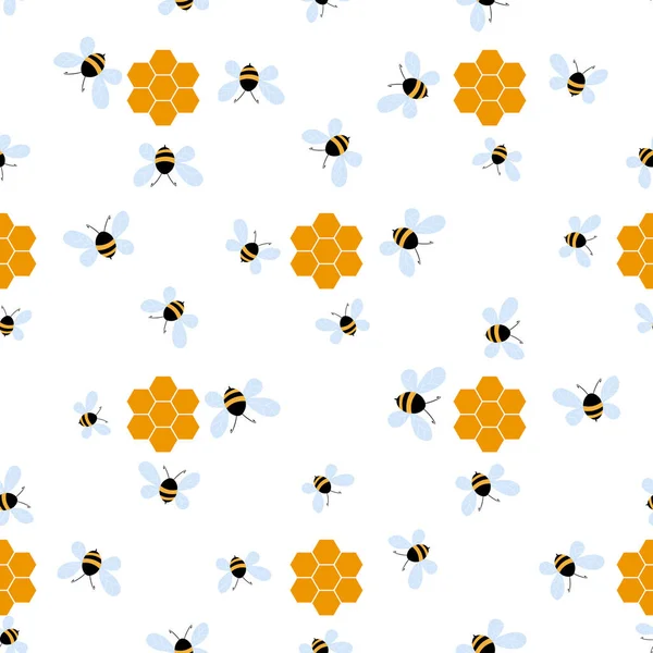 Naadloos patroon met bijen en honingraten op witte achtergrond. Kleine wesp. Vector illustratie. Schattig stripfiguur. Sjabloon ontwerp voor uitnodiging, kaarten, textiel, stof. Doodle stijl — Stockvector