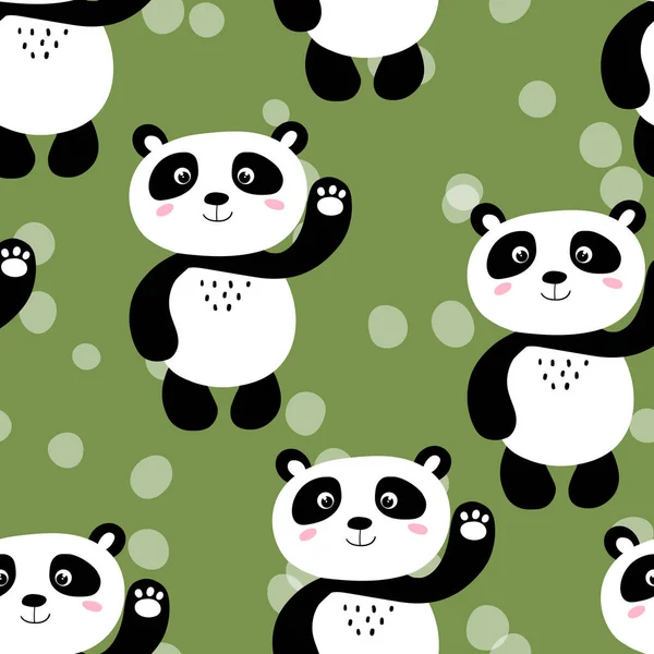 Безглазый узор с симпатичным детенышем панды на цветном фоне. Смешные азиатские животные. Открытки, открытки для детей. Плоская векторная иллюстрация для ткани, текстиля, обоев, плаката, подарочной оберточной бумаги — стоковый вектор