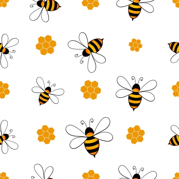 Modèle sans couture avec des abeilles et des rayons de miel sur fond blanc. Petite guêpe. Illustration vectorielle. Adorable personnage de dessin animé. Modèle de conception pour invitation, cartes, textile, tissu. Style caniche — Image vectorielle