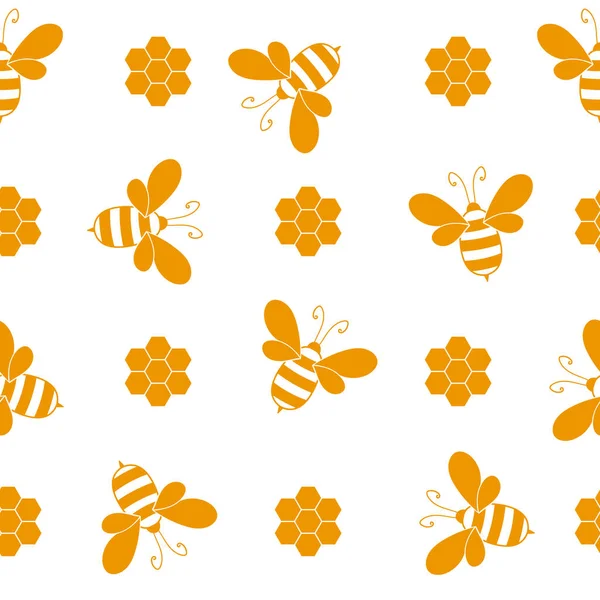 白色背景上有蜜蜂和蜂窝的无缝图案。小黄蜂。矢量图解。可敬的卡通人物请帖、卡片、纺织品、面料模板设计.涂鸦风格 — 图库矢量图片