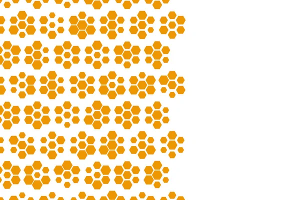 Sfondo con forme a nido d'ape dorate. Illustrazione vettoriale. Modello con effetto glitter. Struttura del modello per invito, poster, cartolina, banner, annunci e altri. Copia spazio — Vettoriale Stock