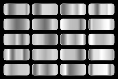 Parlak gümüş hologramlı metalik gradyan koleksiyonu. Holografik folyo dokusu, krom metal oyması. Çerçeve, kurdele, sınır, kapak, pankart ve diğer tasarım için vektör ayarlandı