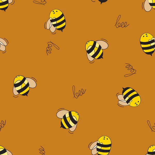 Seamless pattern with bees on color background. Small wasp. Vector illustration. Adorable cartoon character. Template design for invitation, cards, textile, fabric. Doodle style — Stock Vector