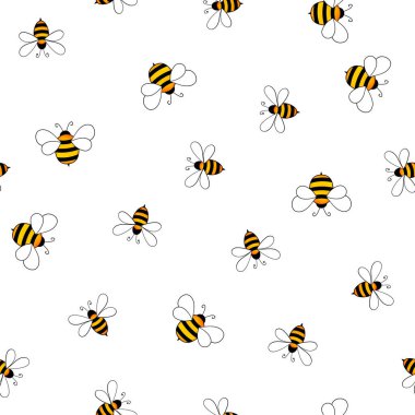 Beyaz arka planda arılar olan kusursuz bir desen. Küçük eşekarısı. Vektör çizimi. Sevimli çizgi film karakteri. Davetiye, kart, tekstil, kumaş için şablon tasarımı. Doodle tarzı