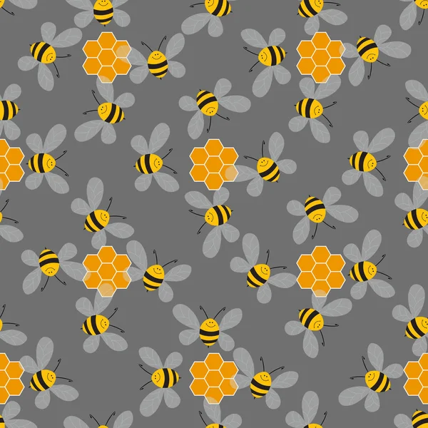 Бесшовный рисунок с пчелами и сотами на цветном фоне. Маленькая оса. Векторная иллюстрация. Симпатичный мультяшный персонаж. Дизайн шаблонов приглашений, открыток, текстиля и т.д. Дудл — стоковый вектор