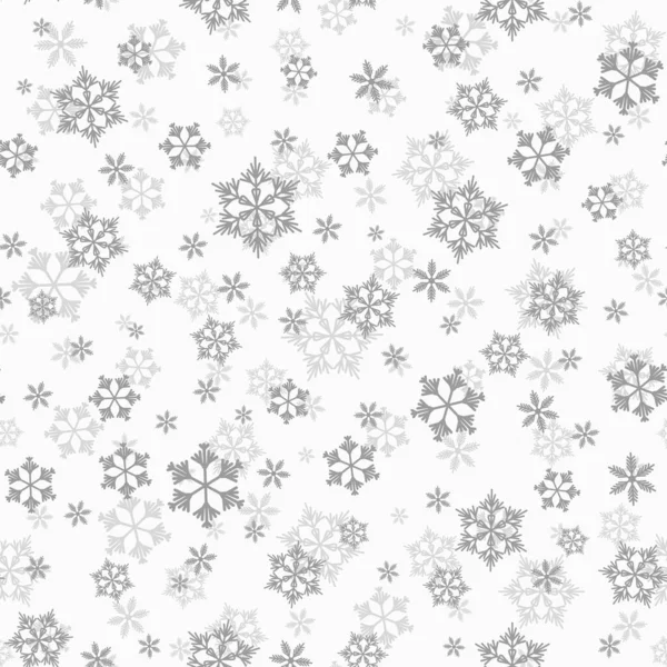 Patrón sin costuras de invierno con copos de nieve grises sobre fondo blanco. Ilustración vectorial para tela, papel tapiz textil, carteles, papel de regalo. Ilustración vectorial Navidad. Nieve cayendo — Vector de stock