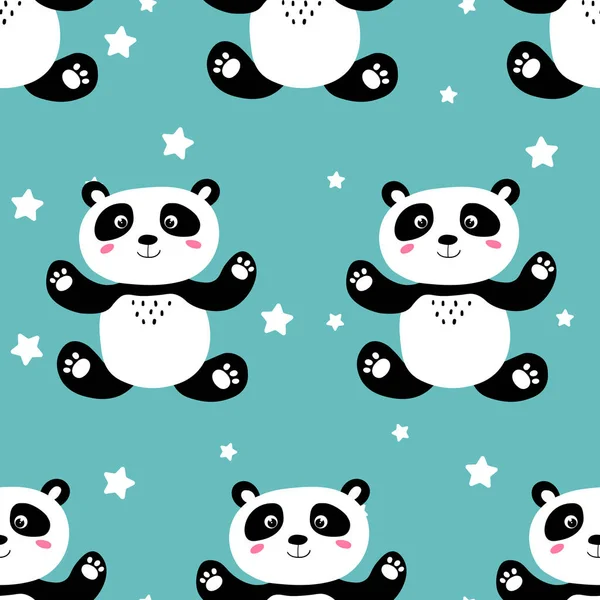 Modèle sans couture avec bébé panda mignon et étoiles sur fond de couleur. Drôle d'animaux asiatiques. Carte, cartes postales pour enfants. Illustration vectorielle plate pour tissu, textile, papier peint, papier cadeau — Image vectorielle