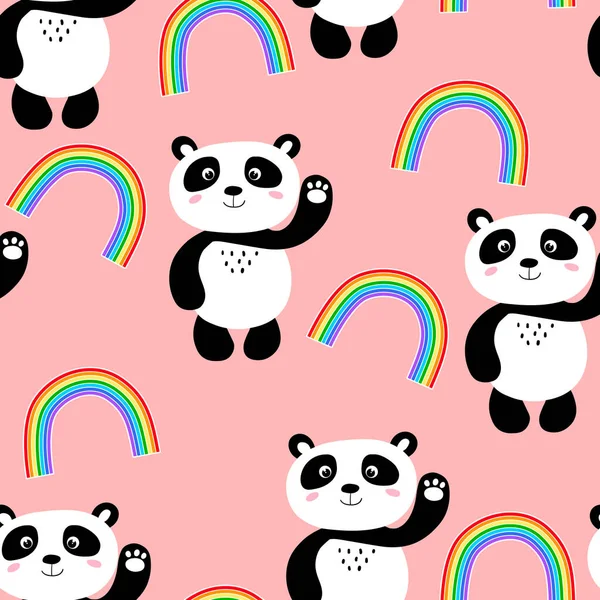 Бесшовный узор с милым ребенком панды и радуга на цветном фоне. Смешные азиатские животные. Открытки, открытки для детей. Плоские векторные иллюстрации для ткани, текстиля, обоев, плаката, печати — стоковый вектор