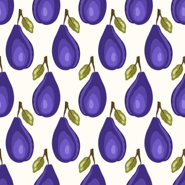 Beyaz arka planda erik olan pürüzsüz bir desen. Doğal lezzetli taze olgun meyveler. Baskı, kumaş, tekstil, pankart ve diğer tasarım için vektör çizimi. Yapraklı stilize erikler.