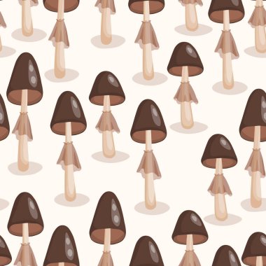 Beyaz arka planda mantarlı kusursuz desen. Tatlı peri mantarı. Ambalaj, afiş, kart, kumaş ve diğer tasarım için modern vektör illüstrasyonu. Yiyecek konsepti