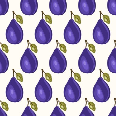 Beyaz arka planda erik olan pürüzsüz bir desen. Doğal lezzetli taze olgun meyveler. Baskı, kumaş, tekstil, pankart ve diğer tasarım için vektör çizimi. Yapraklı stilize erikler.