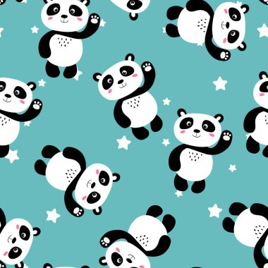 Tatlı panda bebeği ve renkli arka planda yıldızlar olan kusursuz bir desen. Komik Asya hayvanları. Kart, çocuklar için kartpostallar. Kumaş, tekstil, duvar kağıdı ve hediye paketi için düz vektör çizimi