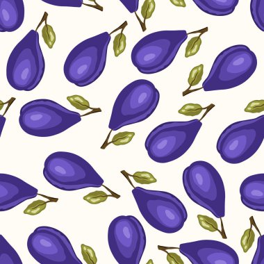 Beyaz arka planda erik olan pürüzsüz bir desen. Doğal lezzetli taze olgun meyveler. Baskı, kumaş, tekstil, pankart ve diğer tasarım için vektör çizimi. Yapraklı stilize erikler. Yiyecek konsepti