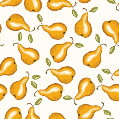 Beyaz zemin üzerinde armut olan kusursuz desen. Doğal lezzetli taze olgun meyveler. Baskı, kumaş, tekstil, pankart ve diğer tasarım için vektör çizimi. Yapraklı stilize armutlar. Yiyecek konsepti