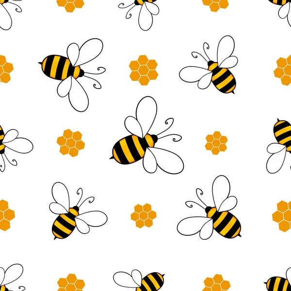Naadloos patroon met bijen en honingraten op witte achtergrond. Kleine wesp. Vector illustratie. Schattig stripfiguur. Sjabloon ontwerp voor uitnodiging, kaarten, textiel, stof. Doodle stijl — Stockvector